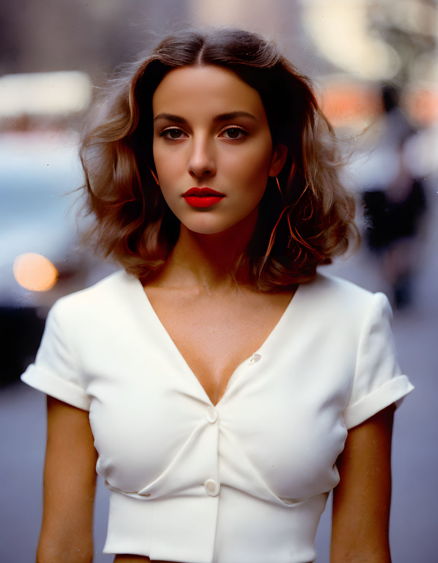 Brown-haired woman in white blouse against city backdrop