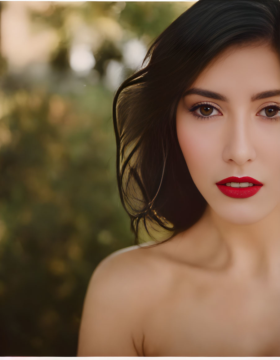 Portrait of Woman with Dark Hair and Bold Makeup on Green Background