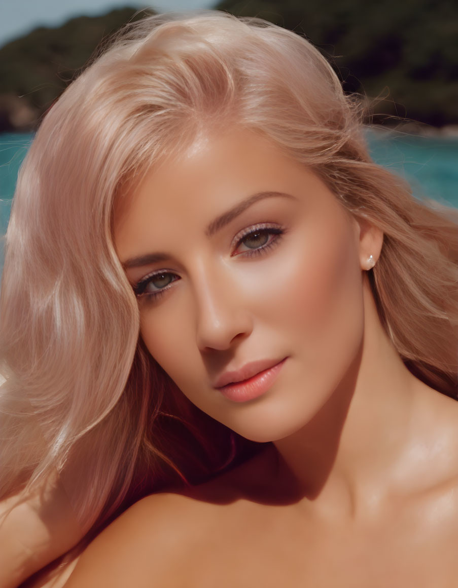 Blonde woman with blue eyes smiling on beach background