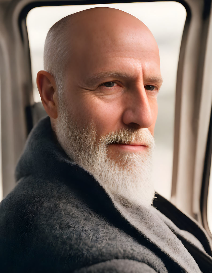 Bald man with full beard in coat sitting by window with soft light