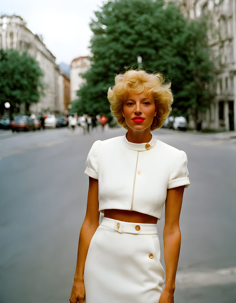 Blonde woman in vintage outfit on city street