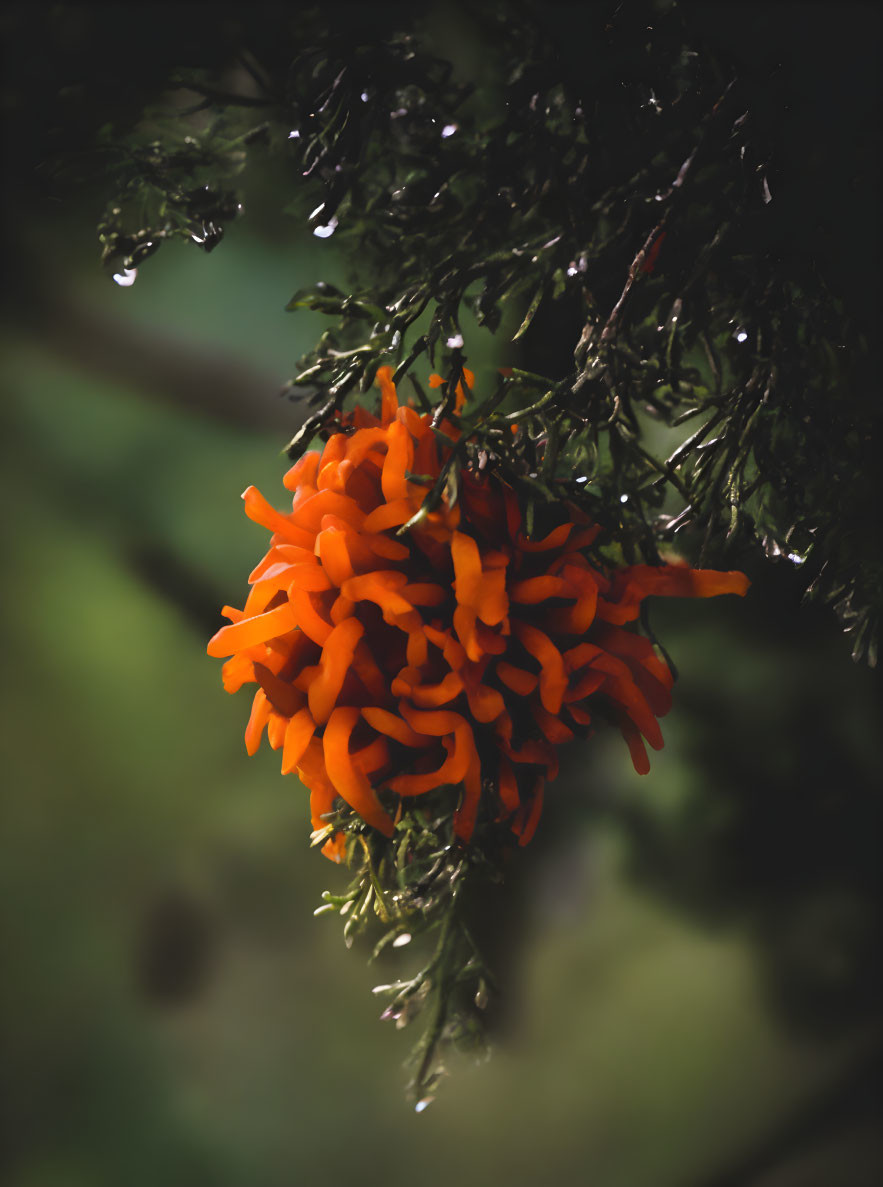 Vibrant orange coral-shaped fungus on green tree branch