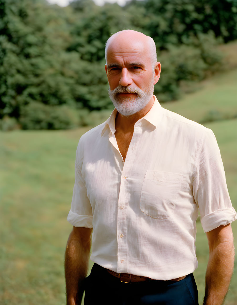 Bald man with beard in light shirt gazes at camera outdoors