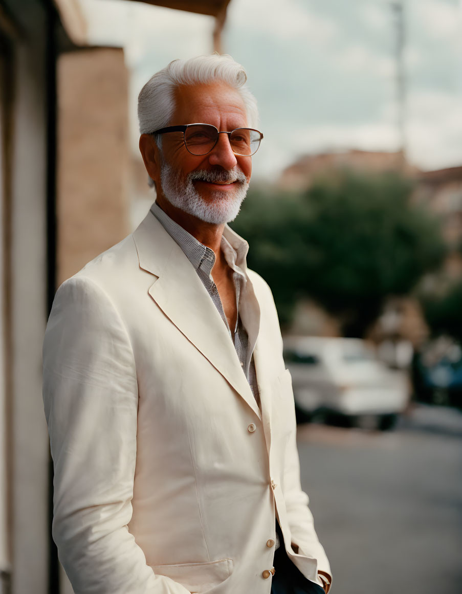 Elderly man in cream blazer poses confidently in urban backdrop