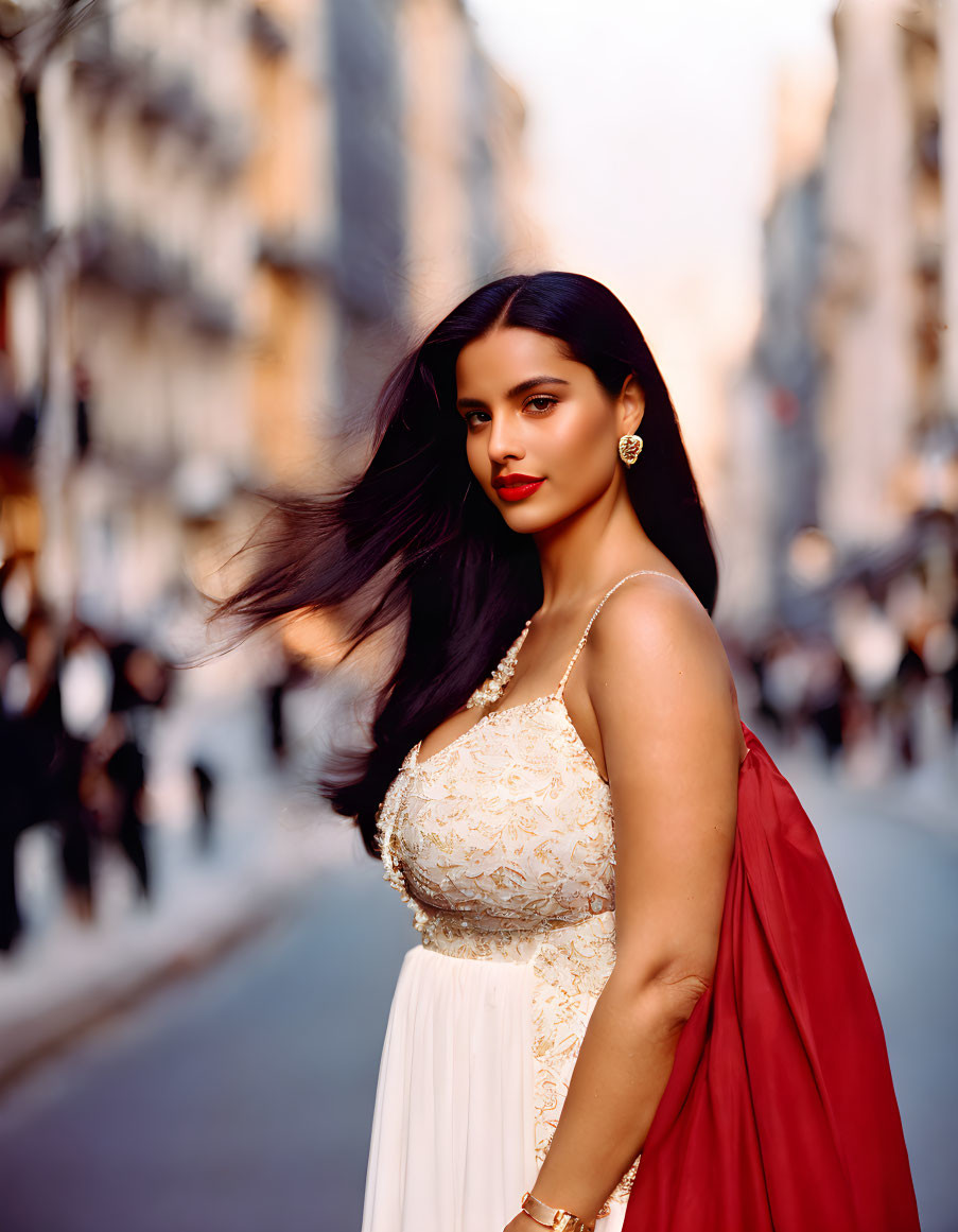 Confident woman in white and gold dress on busy street