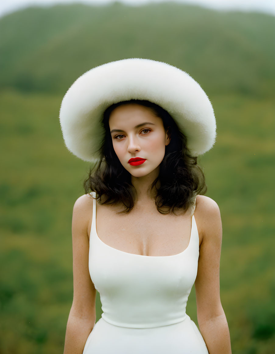 Dark-haired woman in white outfit with red lipstick and large hat on hilly backdrop