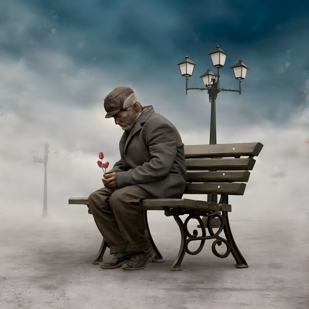 Elderly man with red flower on bench in foggy street scene