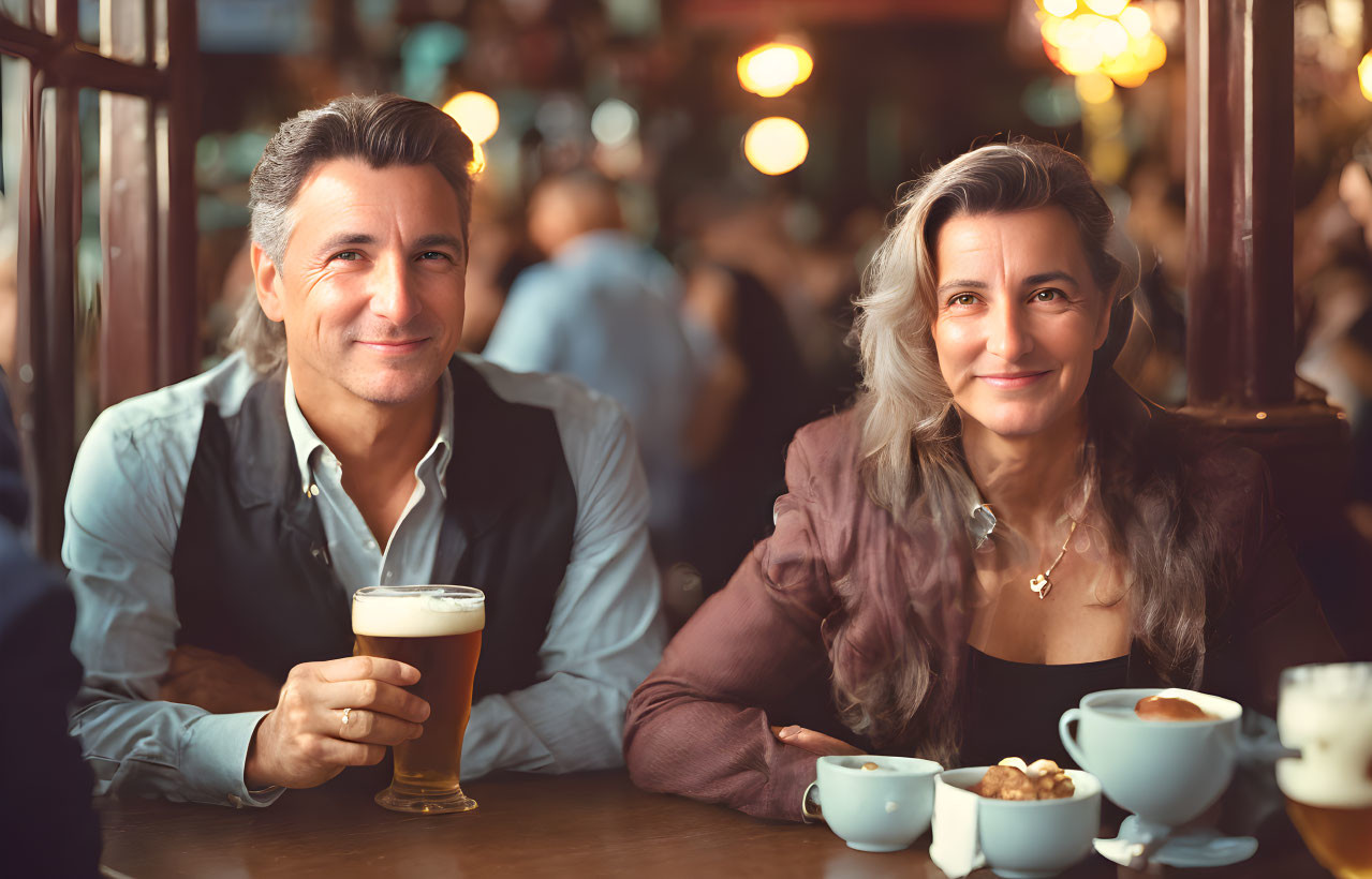 Middle-aged couple enjoying drinks in cozy bar ambiance