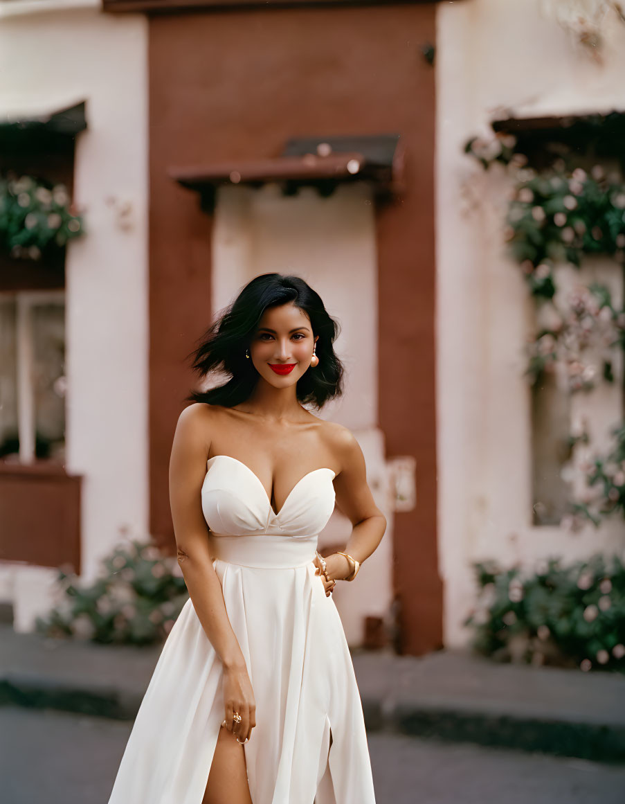 Dark-haired woman in white dress smiles by brown door with ivy