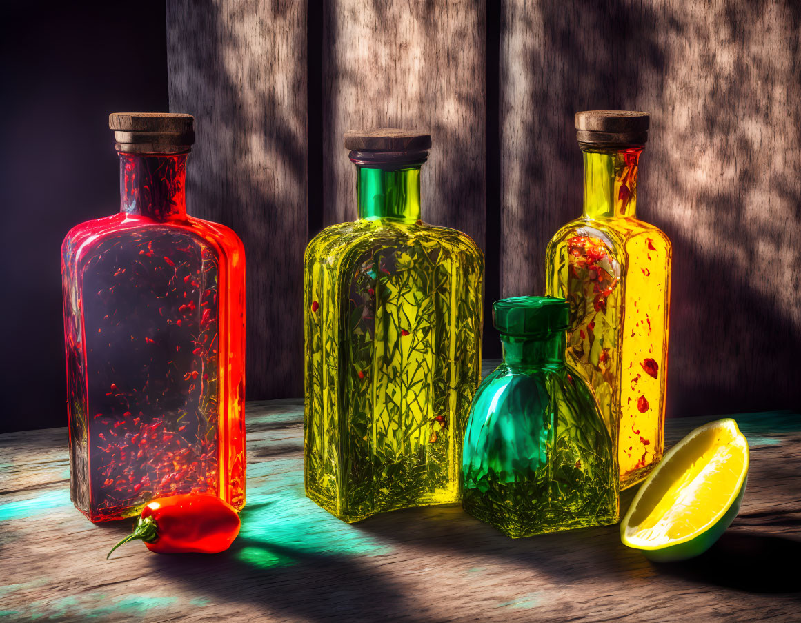 Colorful infused olive oil bottles with chili pepper and lemon on wooden table