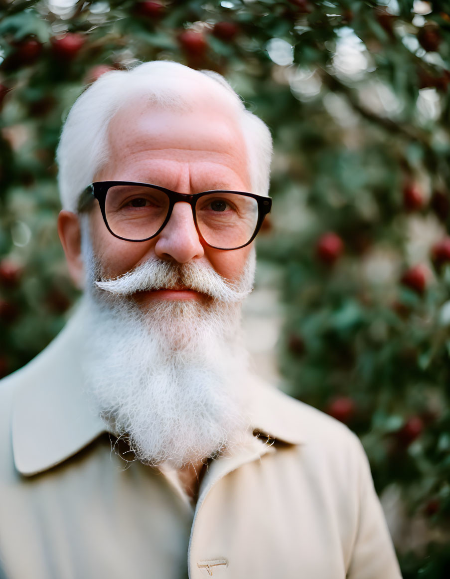 Elderly man with white beard and glasses near tree with red berries