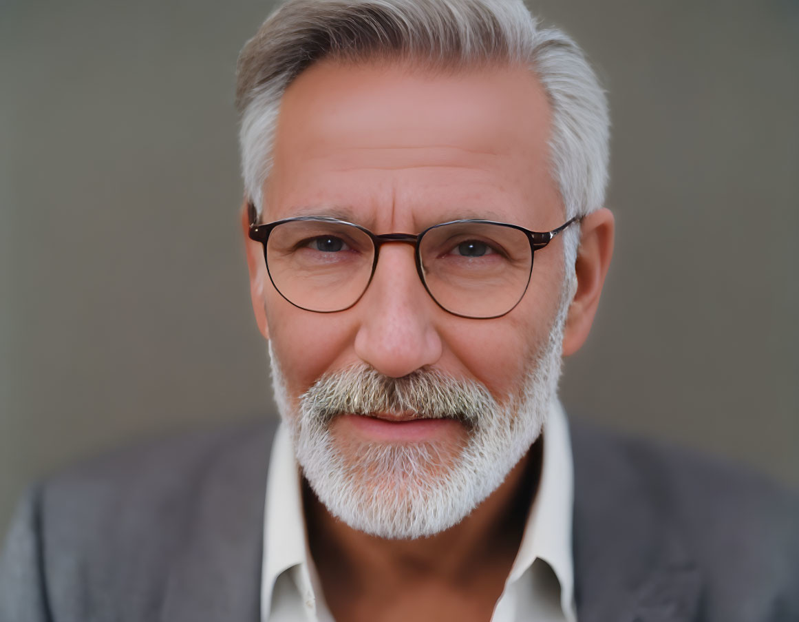 Elderly man with white beard and glasses in white shirt portrait