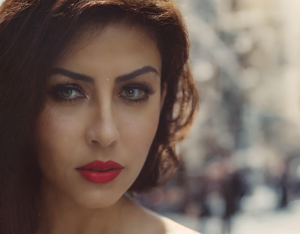 Close-up portrait of woman with blue eyes, red lipstick, mole, and wavy hair against city