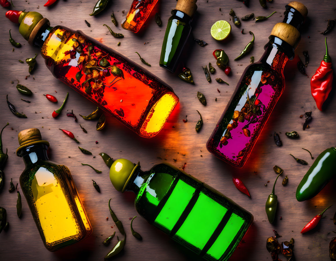 Vibrant infused oils in glass bottles with spices and herbs on wooden surface