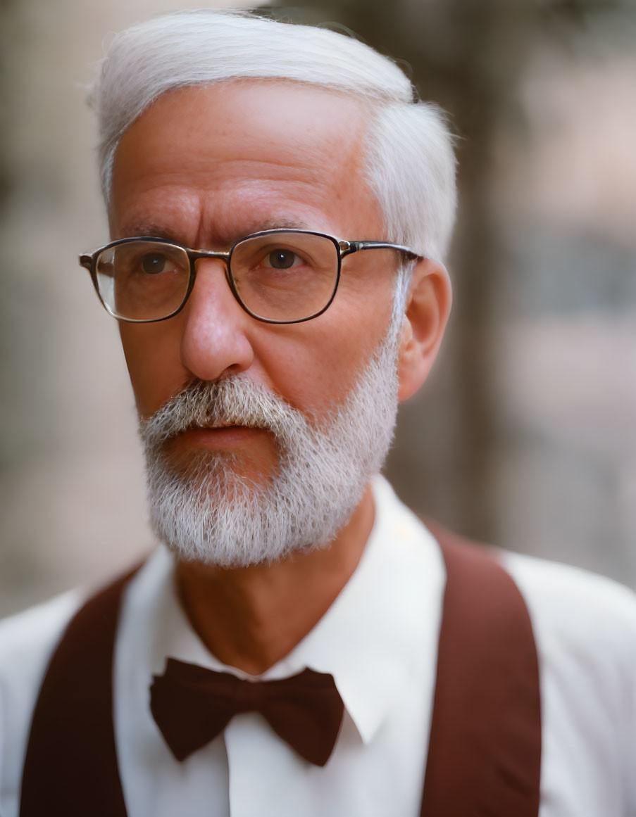 White-haired elderly man in glasses, white shirt, brown suspenders, and bow tie.