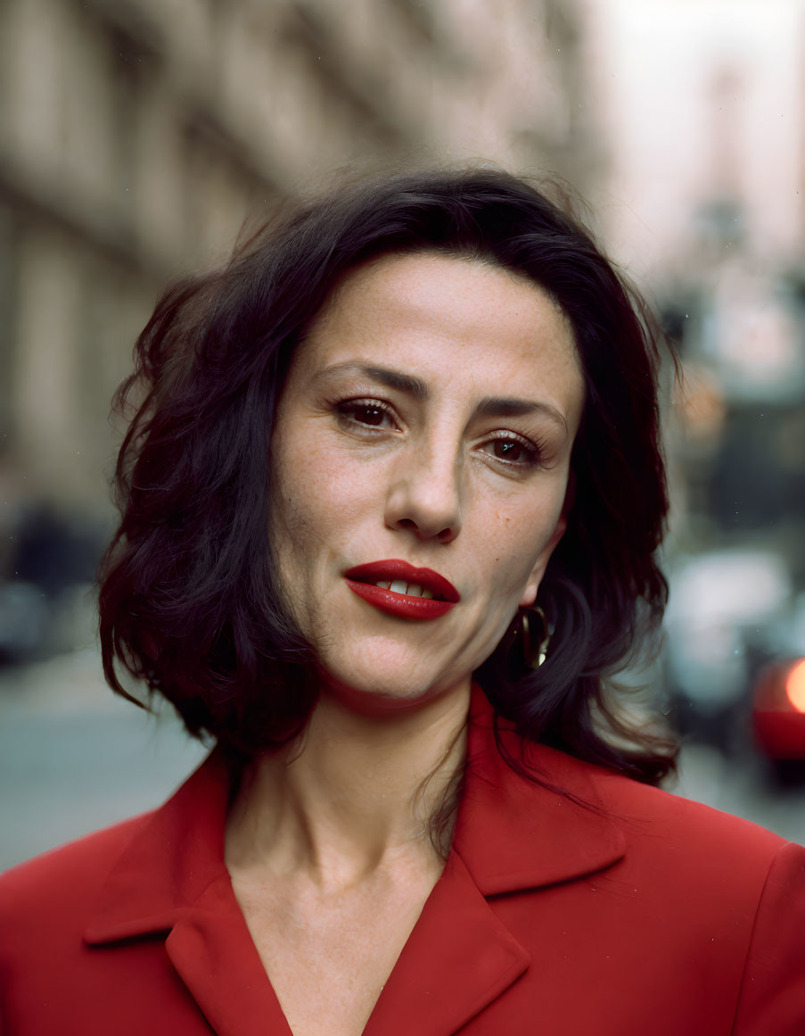 Dark-haired woman in red blazer and hoop earrings against urban backdrop