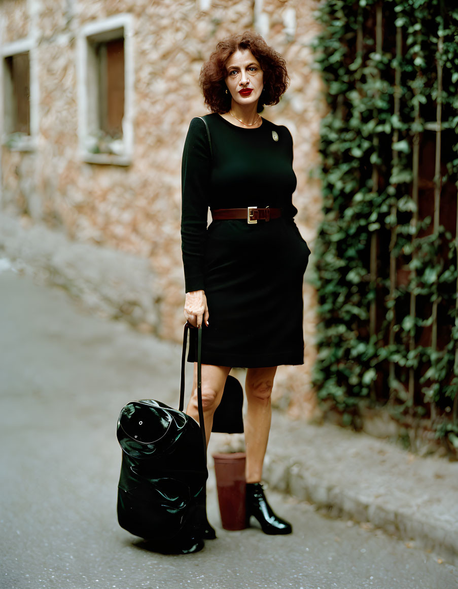 Woman in Black Dress with Belt Holding Suitcase on Cobblestone Street