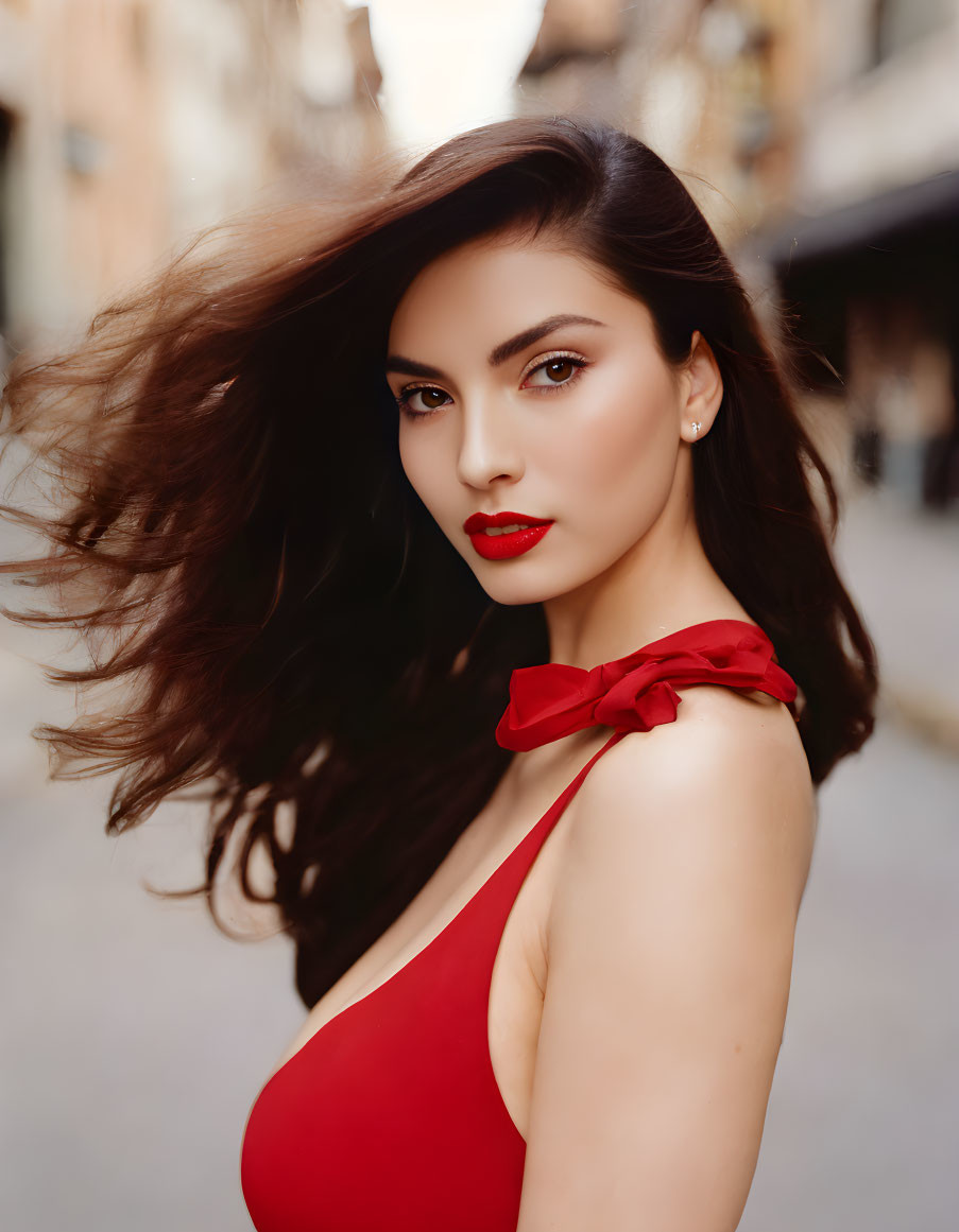 Woman in red dress with flowing hair on city street