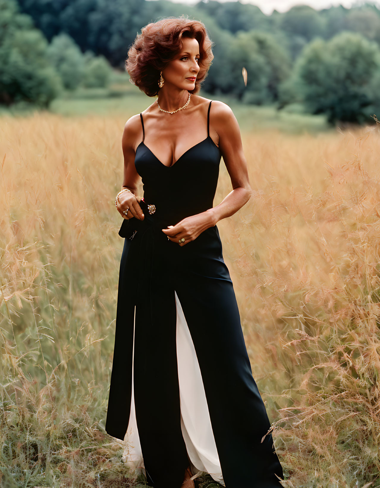 Woman in Elegant Black Dress Standing in Golden Grass