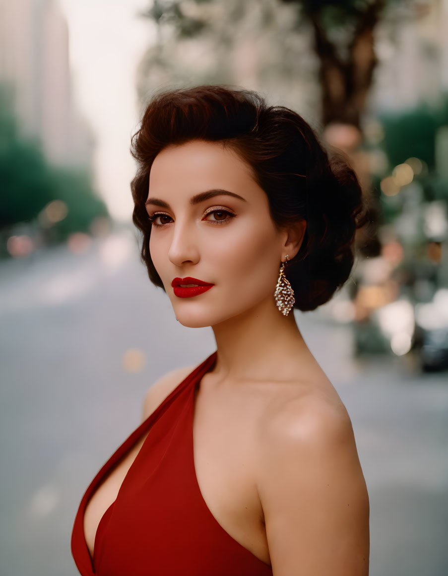 Elegant woman in red dress with chandelier earrings on city street