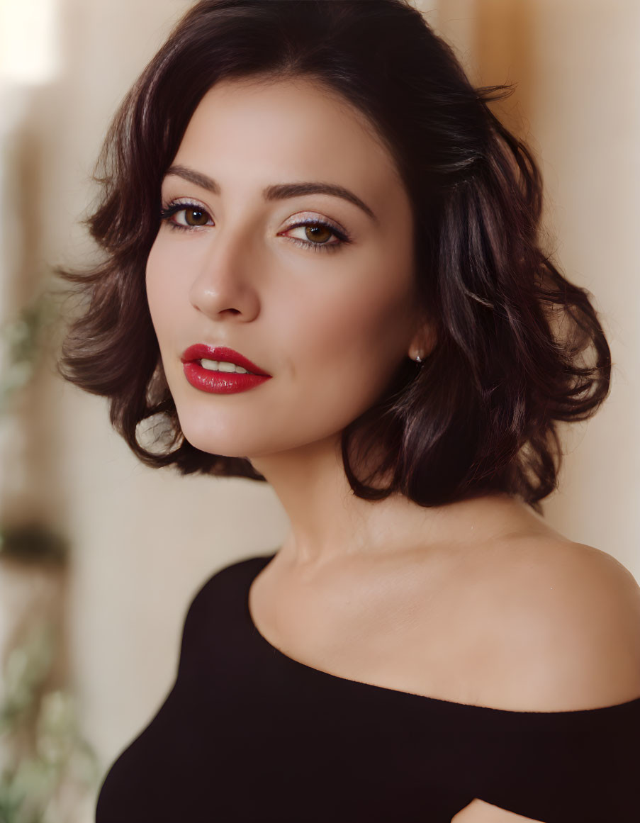 Dark-haired woman in red lipstick gazes at the camera in black off-shoulder top