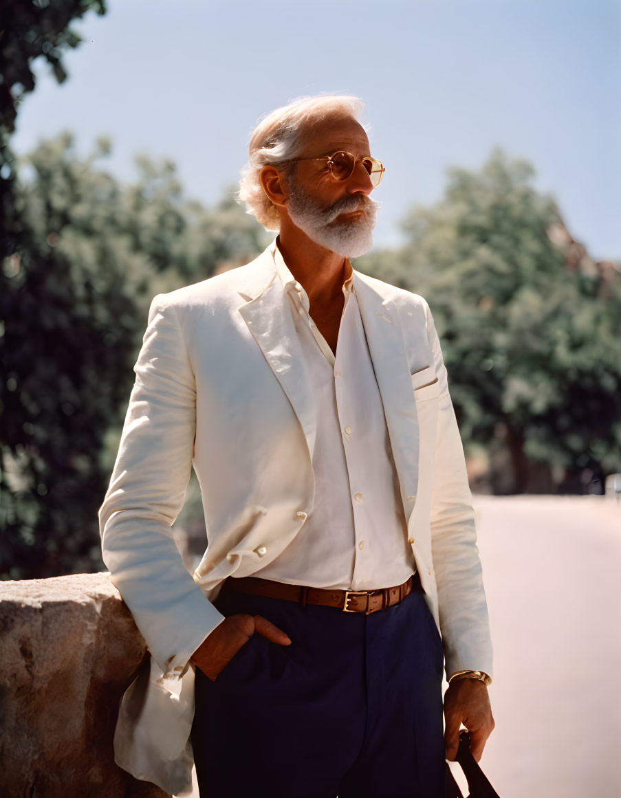 Senior Man in White Blazer and Sunglasses Leaning Casually