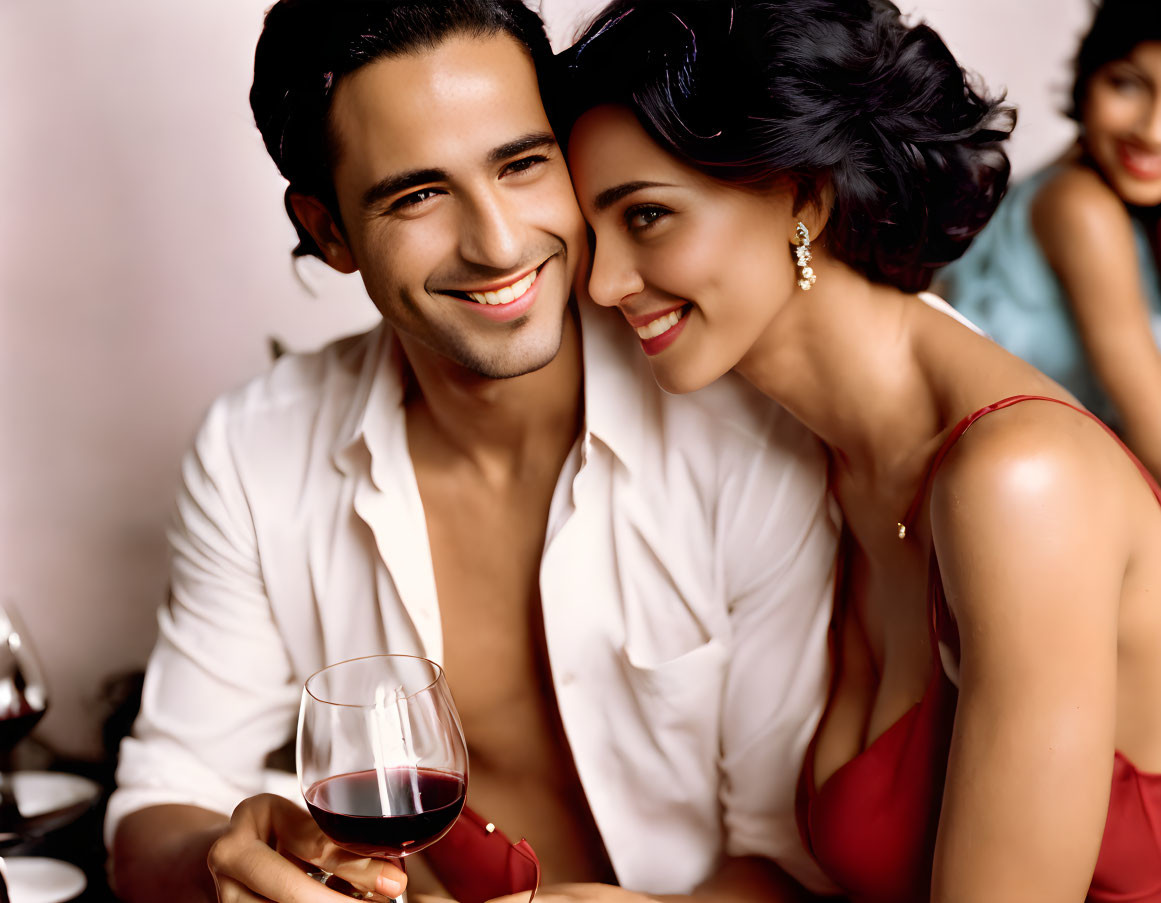 Smiling couple in white shirt and red dress with red wine