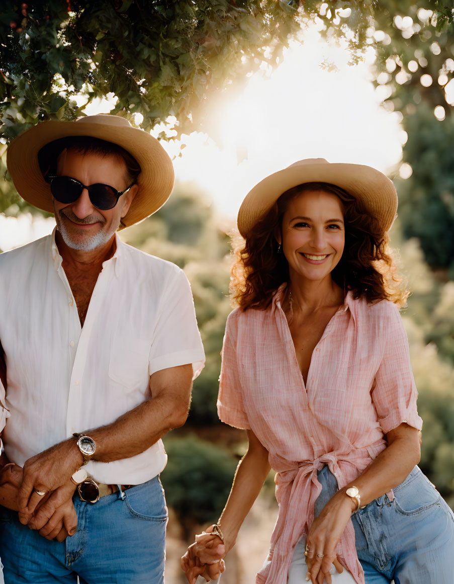 Smiling adults in summer outfits under tree with sunlight