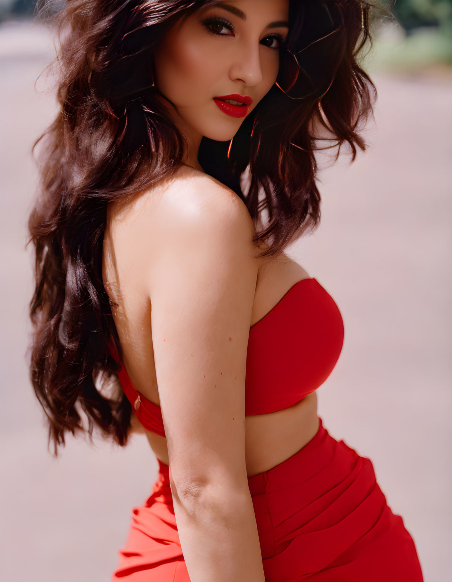 Brown-haired woman in red outfit with red lipstick glancing back