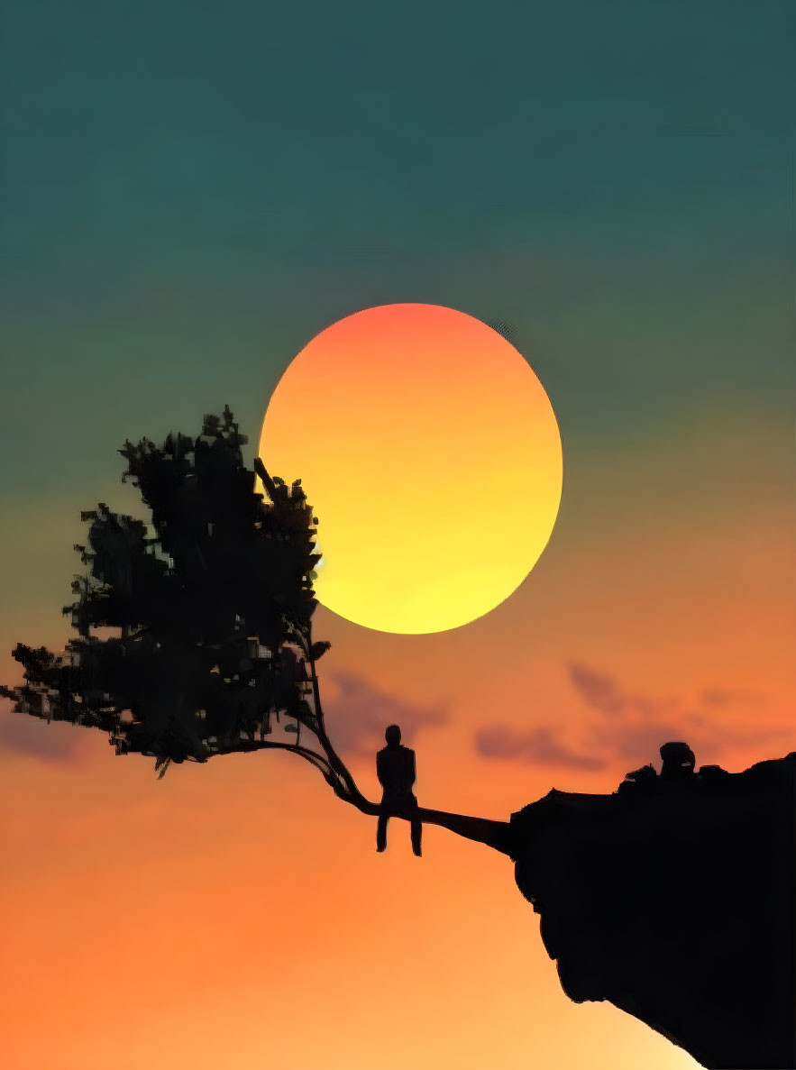 Silhouette of person on cliff with tree at sunset