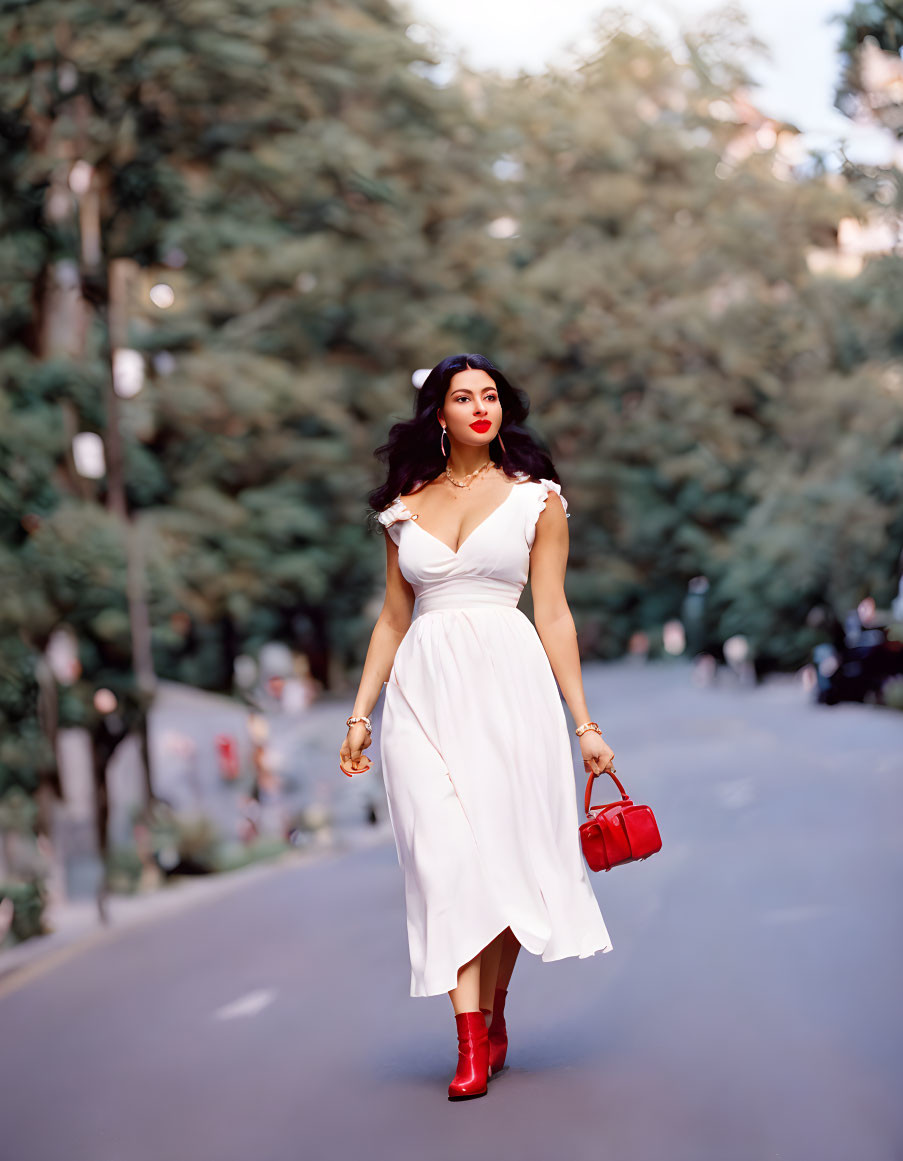 Woman in white dress with red purse and boots walking on tree-lined city street