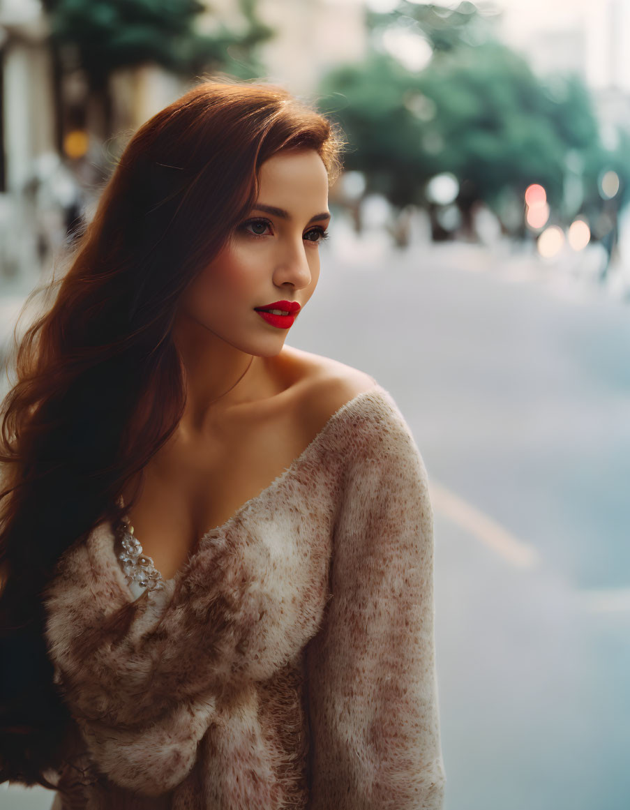 Stylish woman in red lipstick and fur shawl on city street