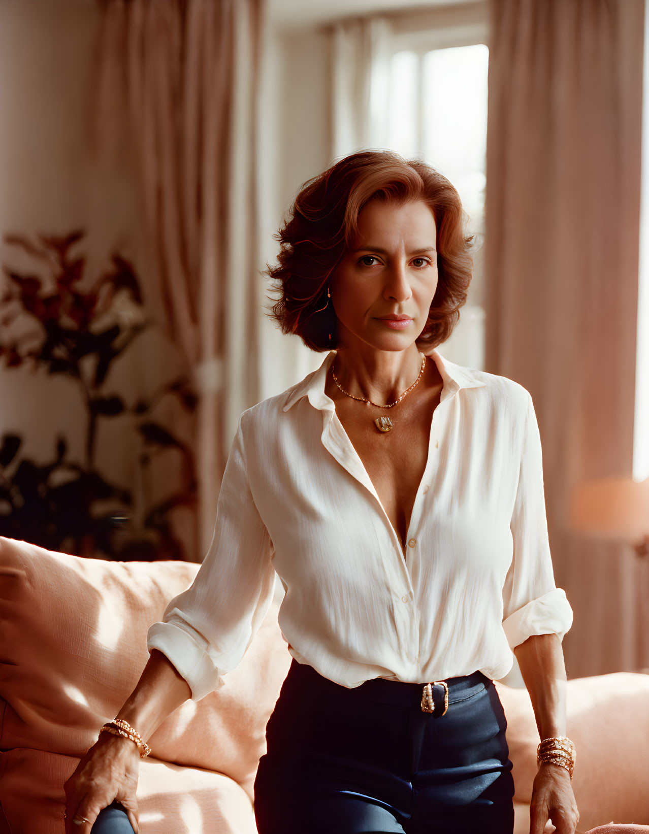 Short-haired woman in white blouse on pink sofa in warmly lit room