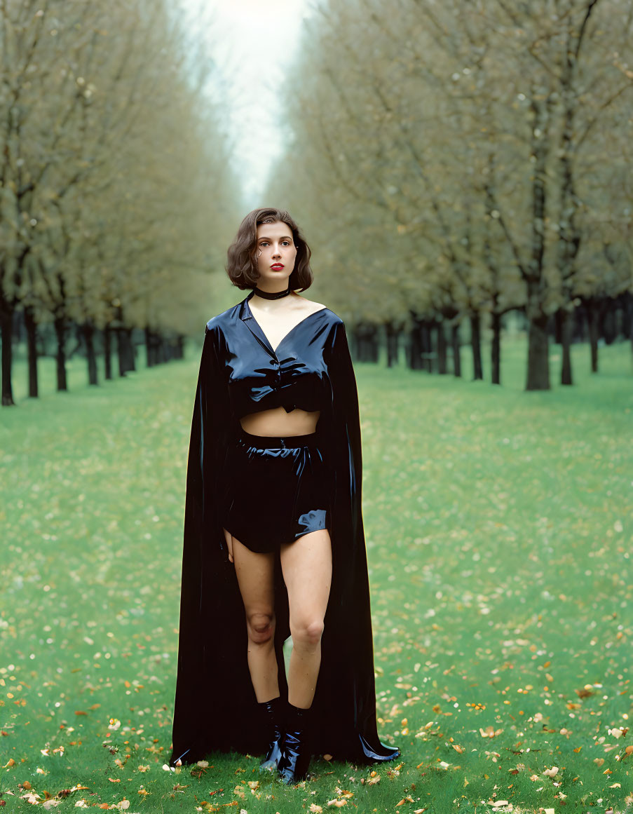 Woman in black cape and shorts in grassy field with dramatic sky