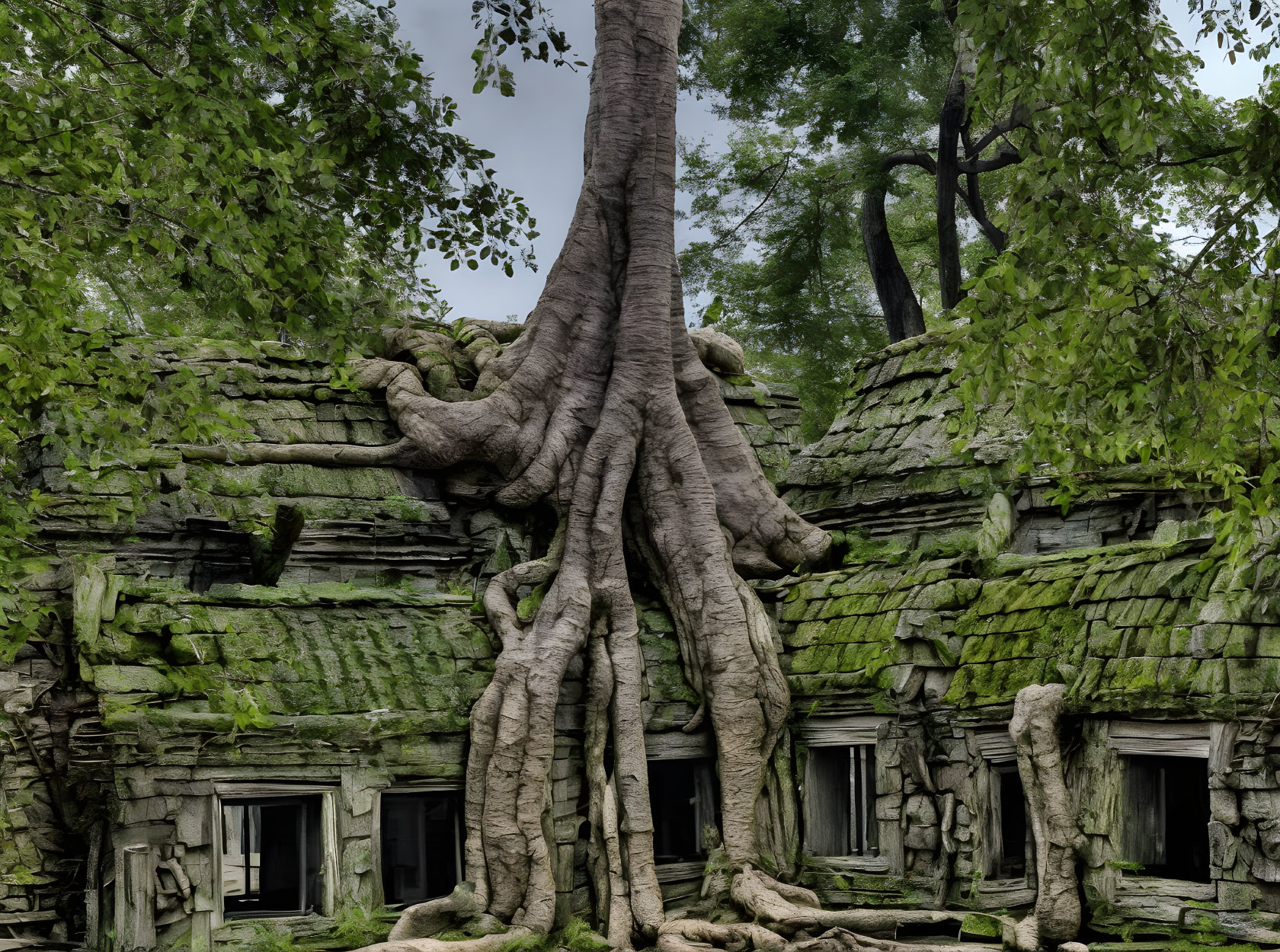 Ancient stone temple embraced by sprawling tree roots