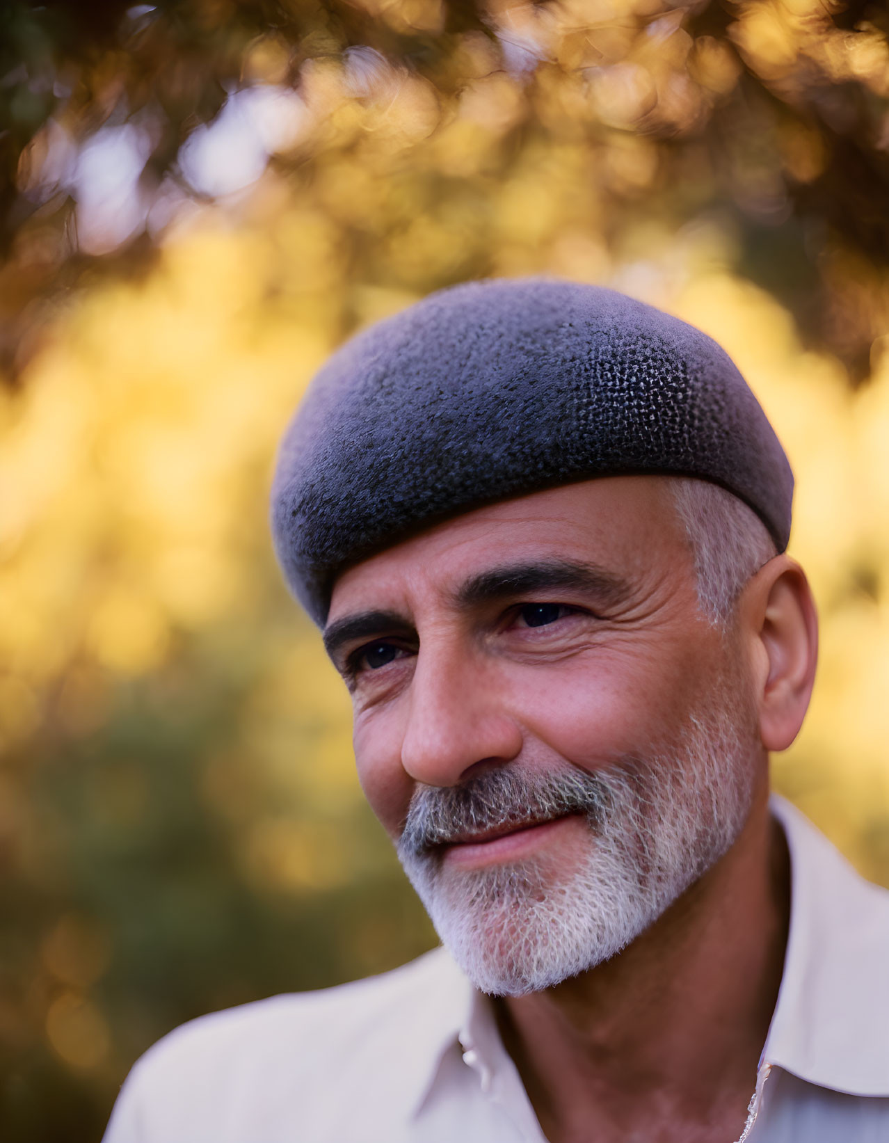 Smiling man with grey beard and beret outdoors among golden leaves