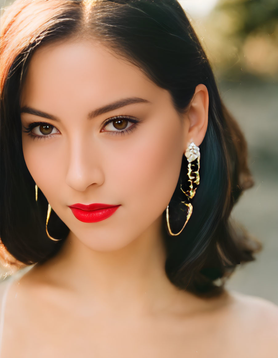 Elegant woman with red lipstick and earrings in sunlight.