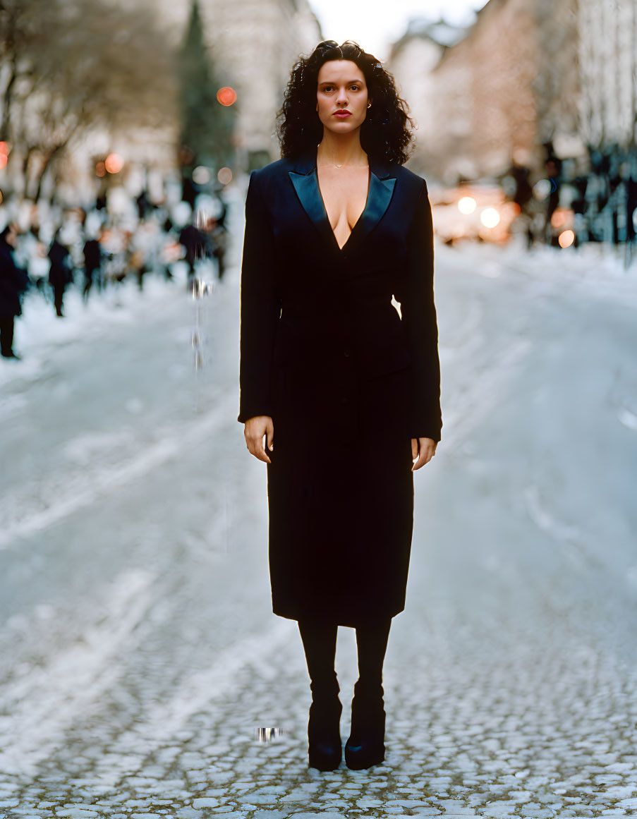 Curly-haired person in black outfit on snowy street