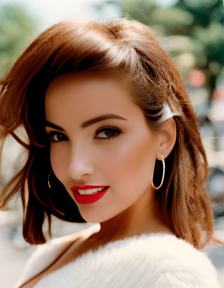 Brown-haired woman with hoop earrings and red lipstick smiling confidently against blurred background