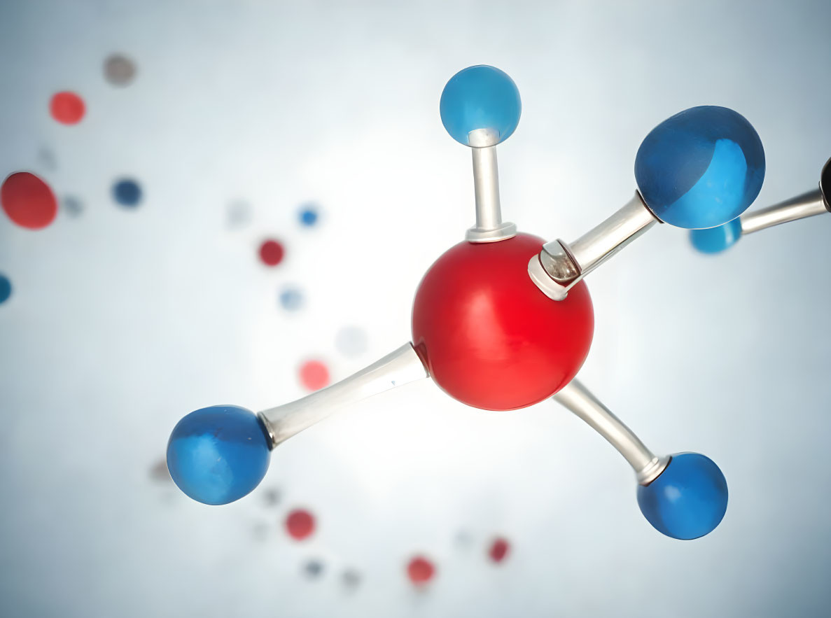 Detailed 3D Water Molecule Illustration with Red Oxygen and Blue Hydrogen Atoms