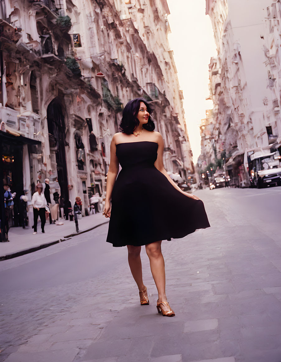 Smiling woman in black dress walking city street