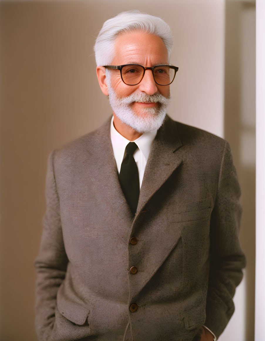 White-Haired Elderly Gentleman in Grey Suit and Glasses Standing in Warm-Toned Room