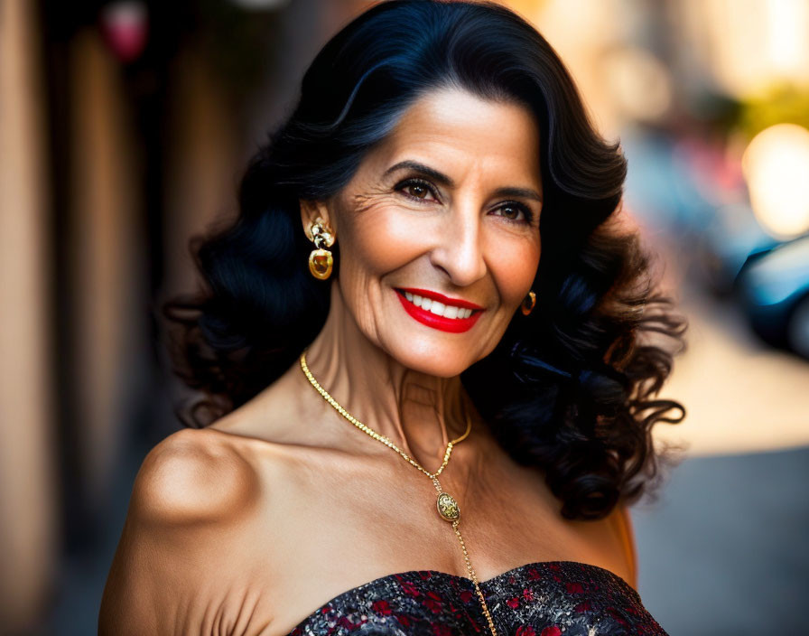 Dark-haired woman in red and black dress with gold jewelry, smiling in street setting