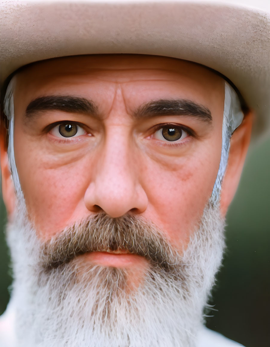 Portrait of man with white beard, mustache, and hat in serious expression