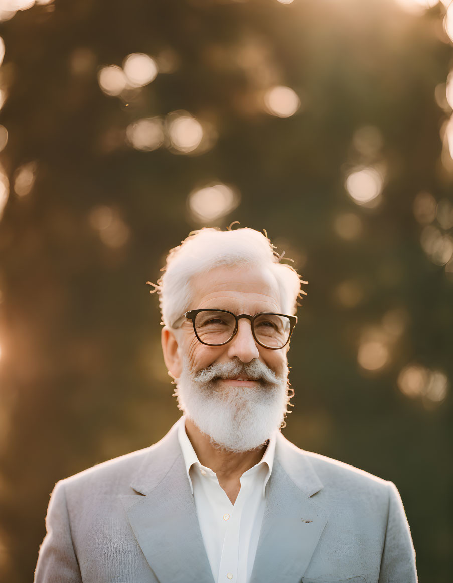 Elderly man with white beard and glasses smiling in suit with blurred nature background