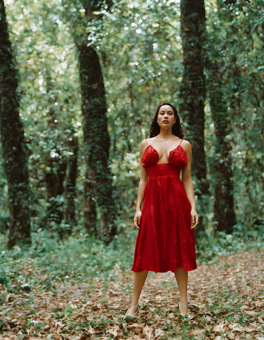 Woman in Red Dress in Lush Forest Setting with Tall Trees and Fallen Leaves