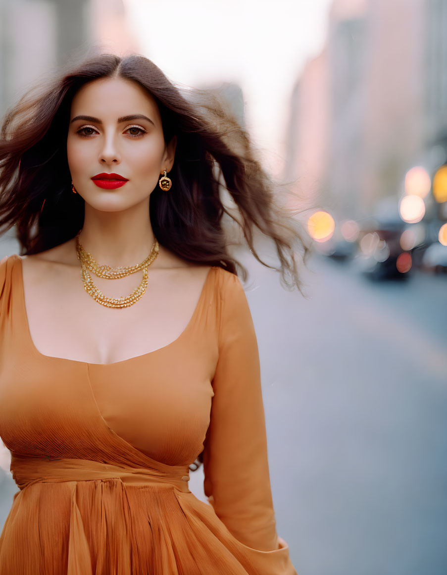 Dark-haired woman in red lipstick, gold jewelry, orange dress on city street.