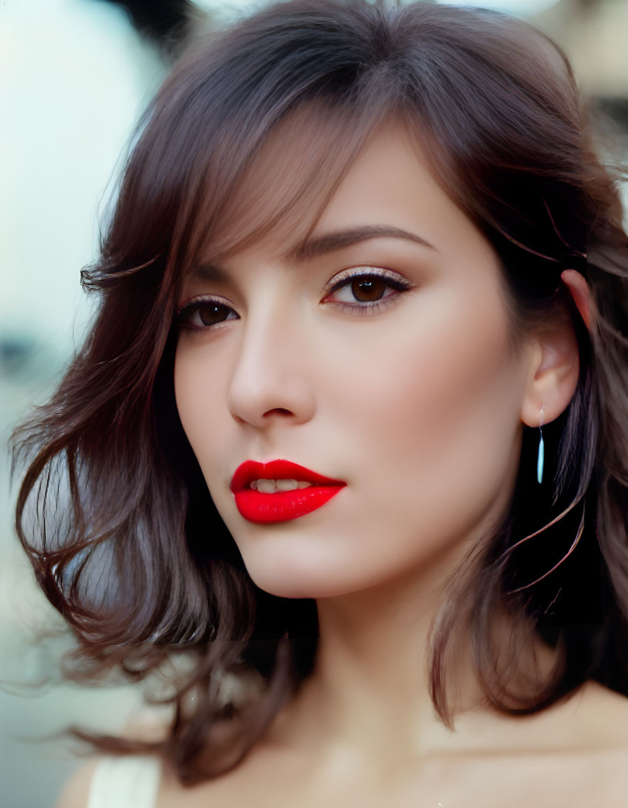 Woman with Red Lipstick and Dramatic Eye Makeup, Dangling Earrings, Wavy Brown Hair