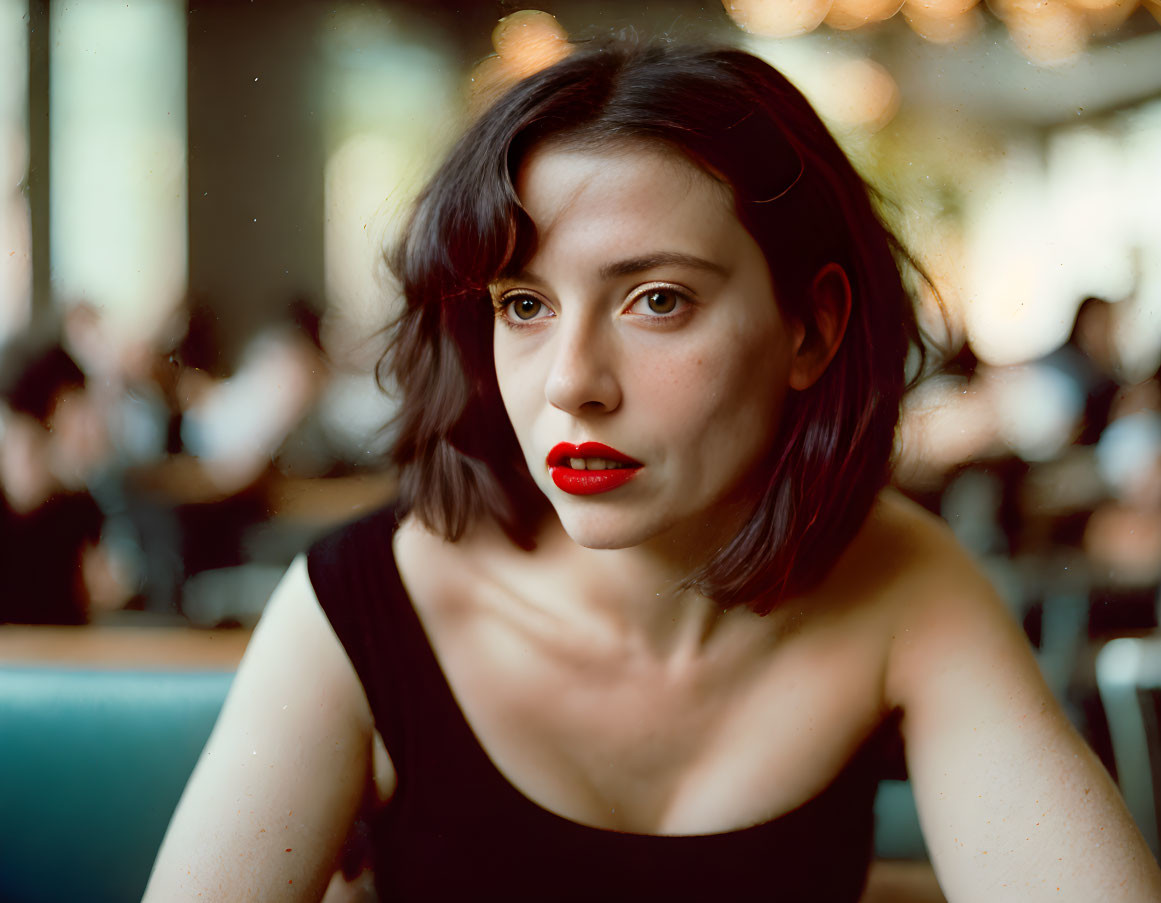 Woman with Short Bob Haircut and Red Lipstick in Black Outfit at Restaurant