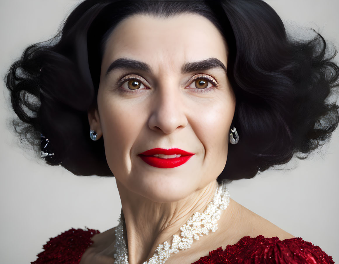 Portrait of elegant woman with dark wavy hair, red lipstick, diamond earrings, and sequined red